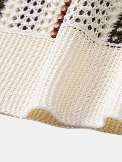 Gestreepte gehaakte V-hals Polo & linnen broek met rechte pijpen