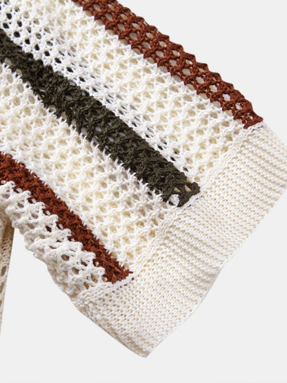 Gestreepte gehaakte V-hals Polo & linnen broek met rechte pijpen