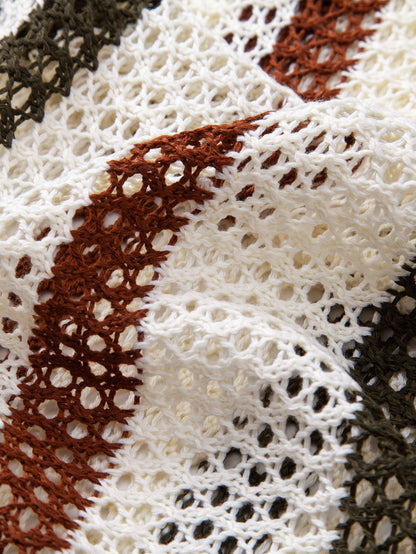 Gestreepte gehaakte V-hals Polo & linnen broek met rechte pijpen