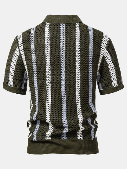 Gestreepte gehaakte V-hals Polo & linnen broek met rechte pijpen